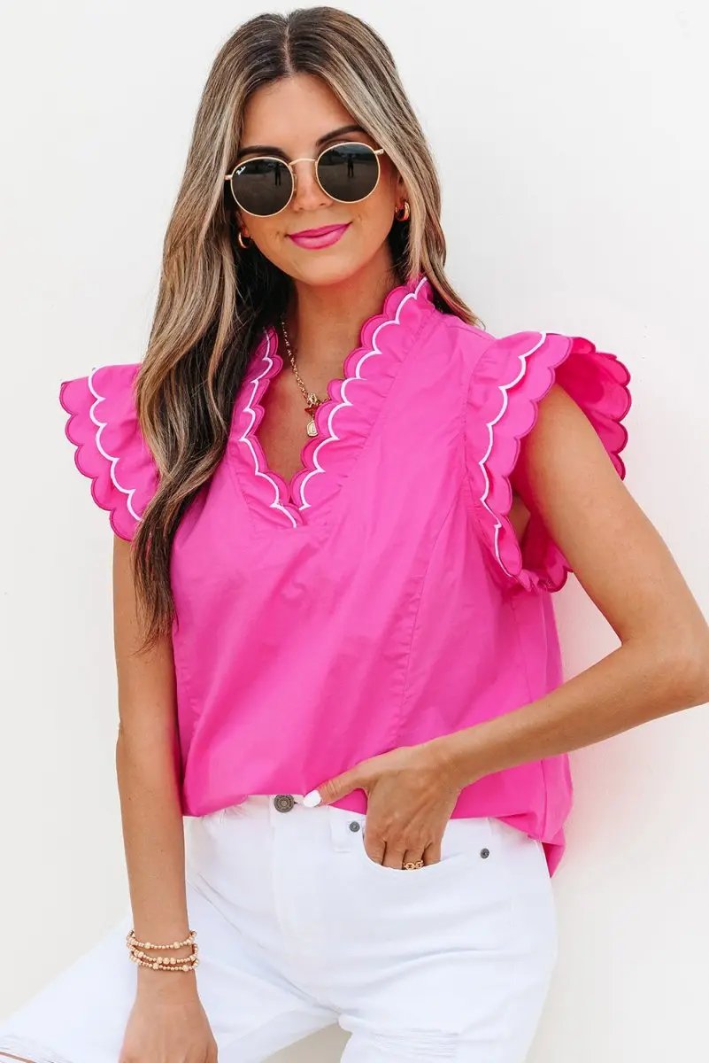 Bright Pink Contrast Scallop Trim Layered V Neck Blouse - Love Salve
